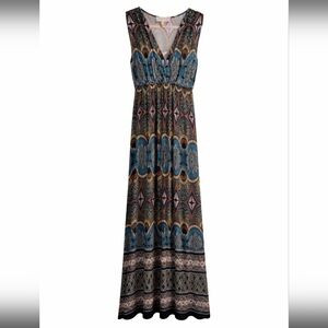 Philosophy Women's L Babydoll Sleeveless Blue and Gold Pattern Long Maxi Dress